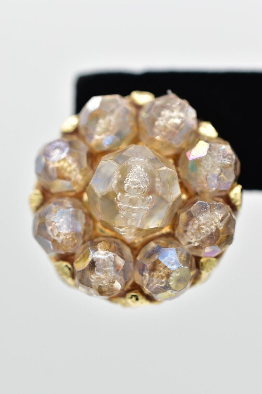 Vintage Champagne AB Crystal Clip On Earrings Heavy Round Glamour 50s 1950s A24